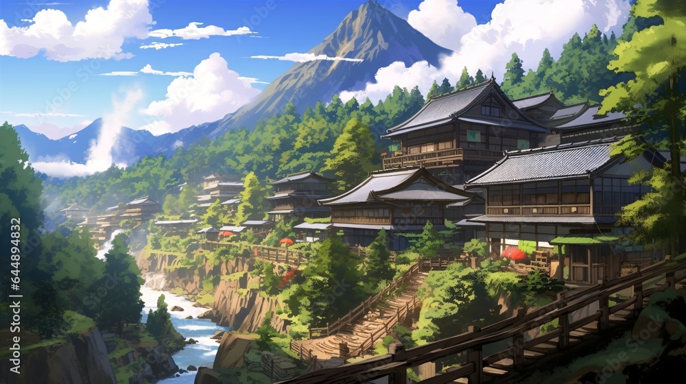 Anime Mountain Village - Lush Valleys, Wooden Houses, Cascading Waterfall.