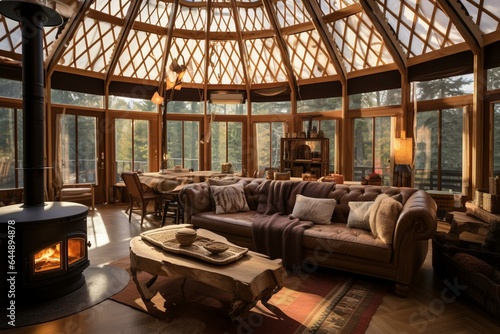 Stunning yurt inside with fireplace, ample sunlight, and furnishings. Generative AI © Nova