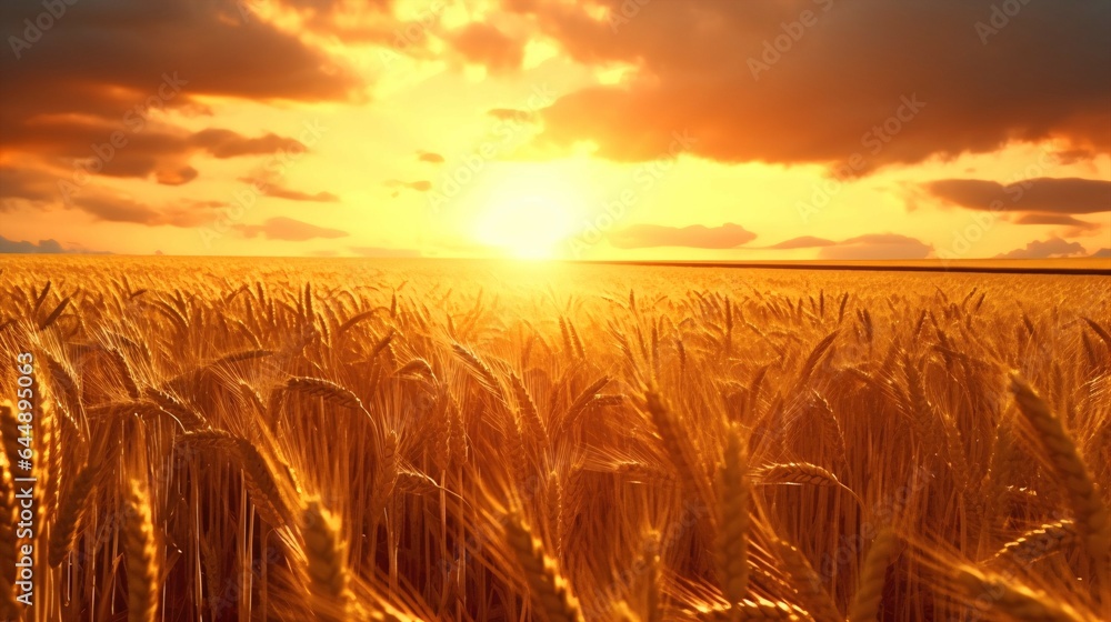 Golden Anime Wheat Field - Vast and Serene, Sunset Over the Wheat, Peaceful Rural Scene.