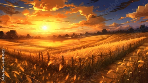 Golden Anime dhan Field - Vast and Serene, Sunset Over the Wheat, Peaceful Rural Scene. photo