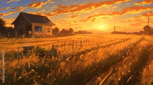 Golden Anime dhan Field - Vast and Serene, Sunset Over the Wheat, Peaceful Rural Scene. photo