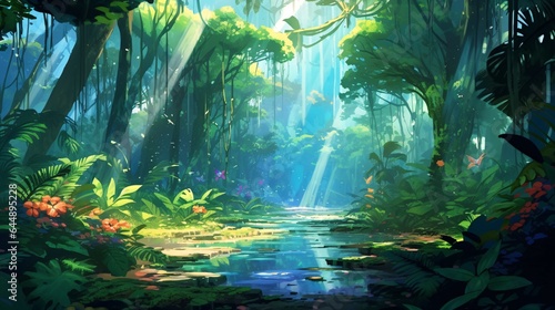 Anime Rainforest - Lush Flora and Fauna  Sunlight Piercing Canopy  Vibrant Jungle Scene.