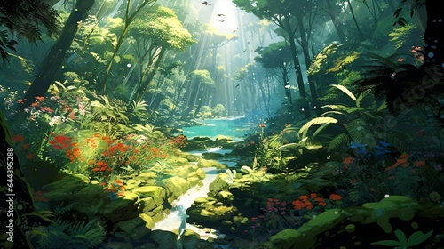 Anime Rainforest - Lush Flora and Fauna, Sunlight Piercing Canopy, Vibrant Jungle Scene. © ShadowHero
