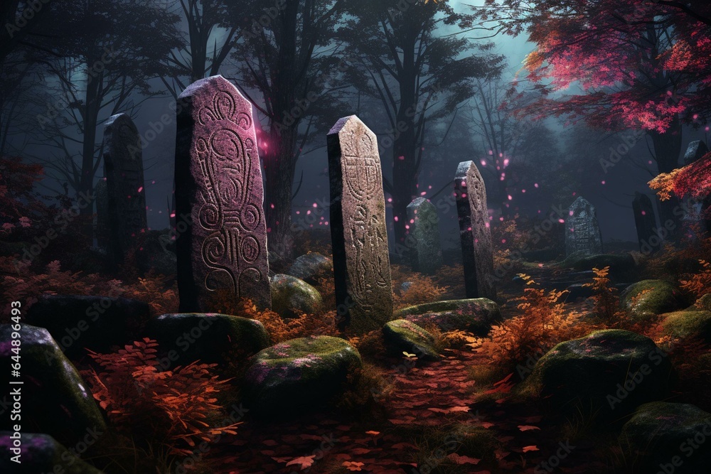 Mystical stones and enchanted runes in a forest cemetery, depicted ...