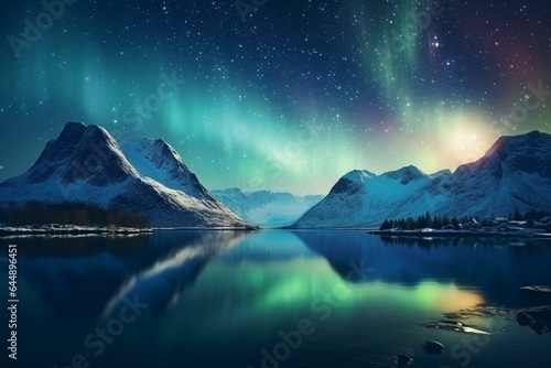 Stunning lights over lake. Starry aurora borealis in night sky. Winter landscape of snowy mountains and Norwegian fjords. Harsh northern nature. Generative AI