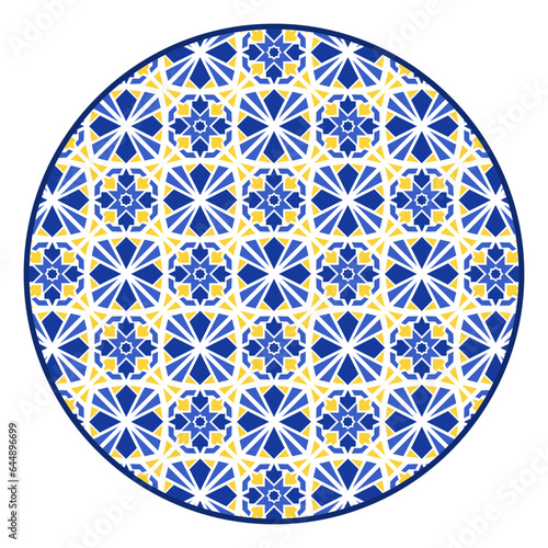 Porcelain plate with traditional blue on white design in Asian style. design pattern for background, plate, dish, bowl, lid, tray, salver, vector illustration art embroidery. Turkish symbol pattern.