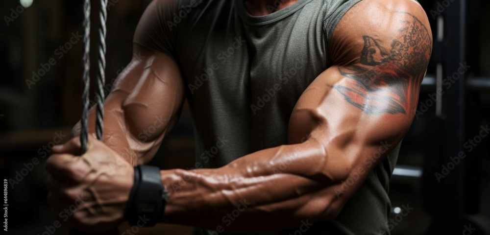 A cropped close up of a bodybuilders muscular arms during cable crossover exercise - obrazy, fototapety, plakaty 