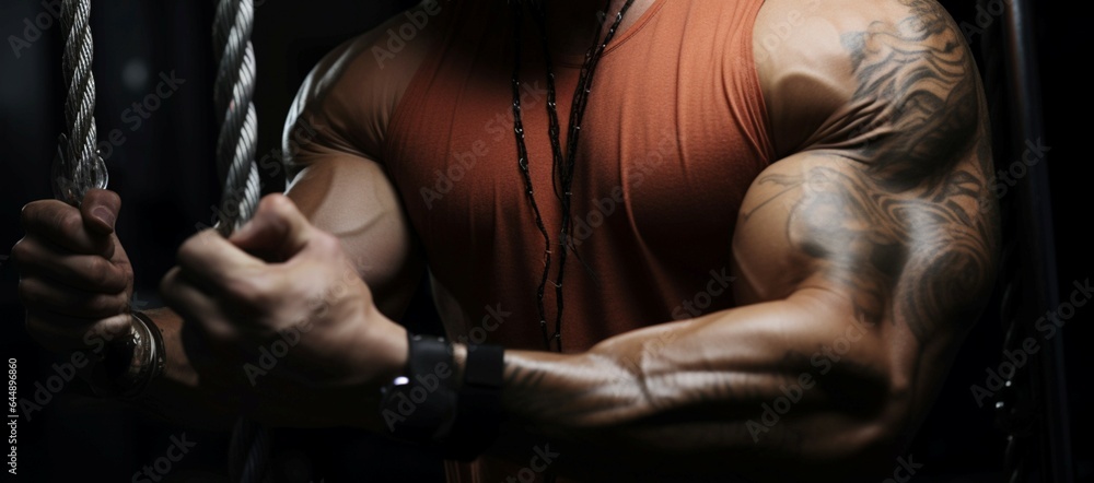 A cropped, intense view of a bodybuilders arms during cable crossover - obrazy, fototapety, plakaty 