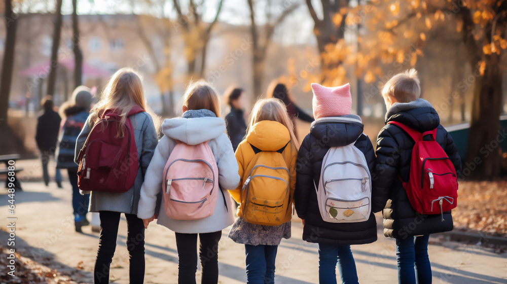 Elementary School students with their backpacks heading to School. Ai generative.