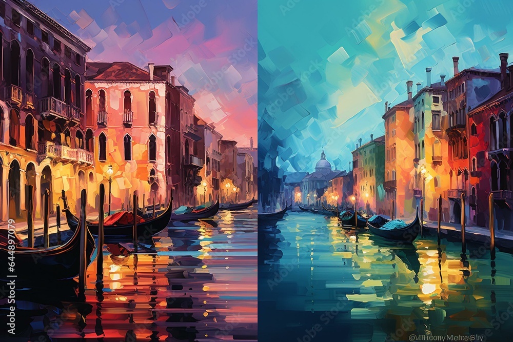 Vibrant Venice and Amsterdam scenes captured in an expressive and impressionistic style. Generative AI