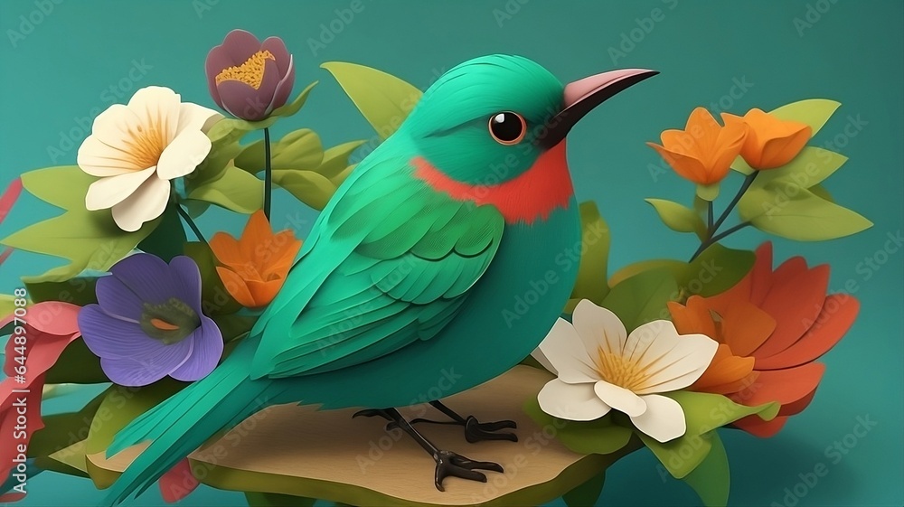 Fototapeta premium Vividly Abstracted, A 3D Styled Colorful Illustration Image with Birds and Flowers