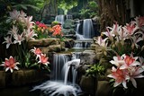 Scenic view of a cascading waterfall surrounded by vibrant lilies. Generative AI