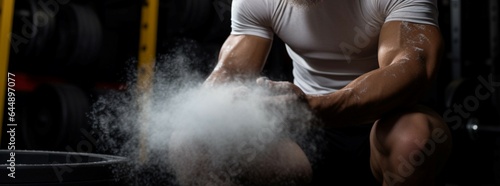 CrossFit enthusiast, exuding confidence, applies talcum powder before intense weightlifting session