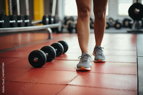 Close up of gym equipment Dumbbells near a female foot on a sleek floor © Muhammad Shoaib