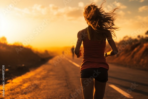 Marathon training in the great outdoors Woman runs a sunset trail © Muhammad Shoaib