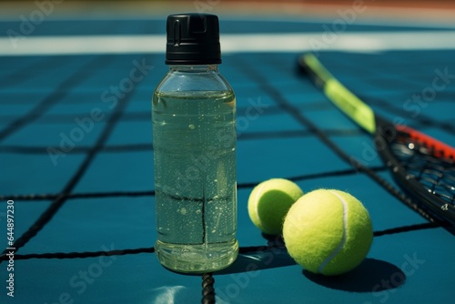 Overhead view of a tennis paddle next to a water bottle