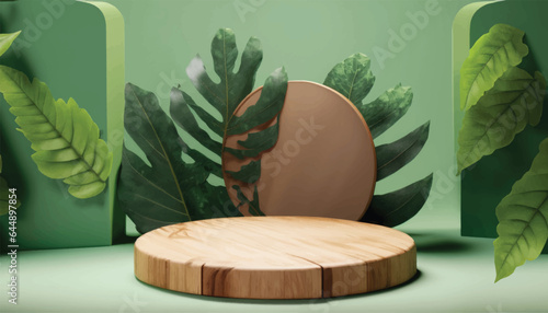 Vector Minimal modern product display on green background. Wood slice podium and green leaves. Concept scene stage showcase for new product, promotion, cosmetic, sale, banner, presentation.