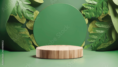 Vector Minimal modern product display on green background. Wood slice podium and green leaves. Concept scene stage showcase for new product, promotion, cosmetic, sale, banner, presentation.