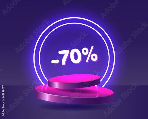 70% discount pink 3d podium floating in the air with neon rings on background. Stage podium with lighting.