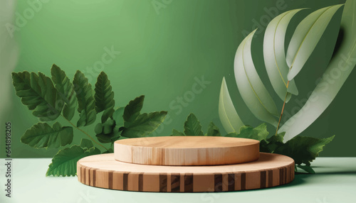 Vector Minimal modern product display on green background. Wood slice podium and green leaves. Concept scene stage showcase for new product, promotion, cosmetic, sale, banner, presentation.