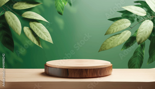 Vector Minimal modern product display on green background. Wood slice podium and green leaves. Concept scene stage showcase for new product, promotion, cosmetic, sale, banner, presentation.