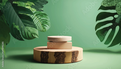 Vector Minimal modern product display on green background. Wood slice podium and green leaves. Concept scene stage showcase for new product, promotion, cosmetic, sale, banner, presentation.