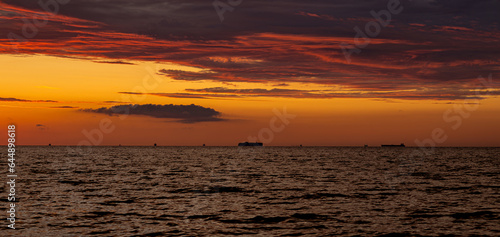 Ships on the horizon at sunset  Jantar  northern Poland