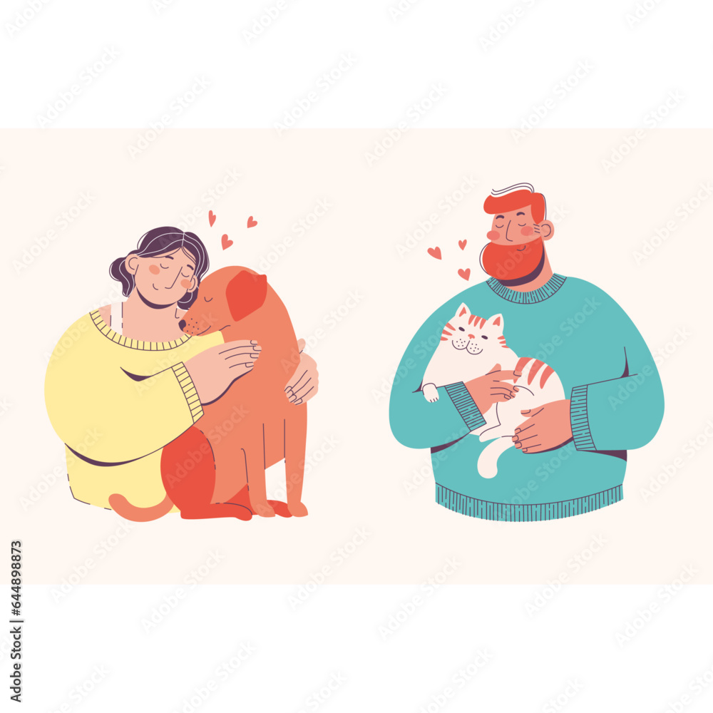 People love own pets concept. Woman hugging a dog. Man holding a cat