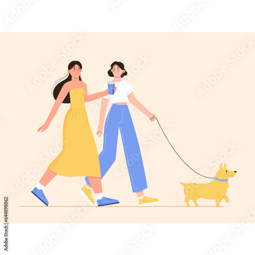 two young girls walking a dog on leash. Characters illustration