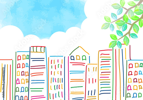 SDGs17色の街並み線画と樹木と青空