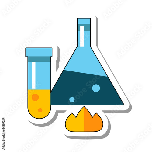 Chemicals in laboratory test tubes flat paper sticker. Laboratory equipment heating over alcohol burner to speed up reactions isolated on white background. Analyzes and experiments, science concept