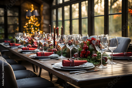 Large dinning room with Christmas dinner table setting and Christmas tree in the background
