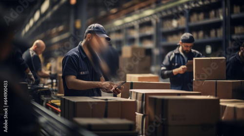 Warehouse worker face sucked into phone.Concept of social network dependency, phone addiction