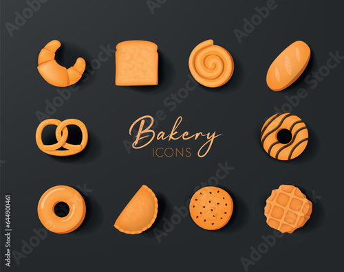 Bakery icon set in realistic 3d design. bread, donnut or cookie. photo