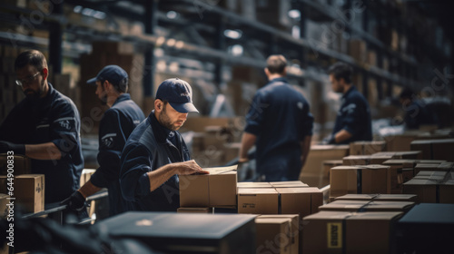 Anonymous warehouse workers. Overtime employees meeting shipping deadlines