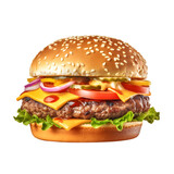Tasty beef burger with cheese and vegetables, isolated on transparent background