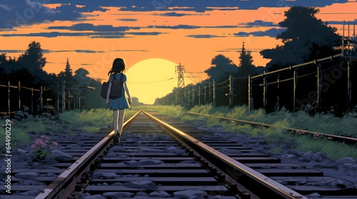 Alone Anime girl, Walking the Lonely Railway of Love and Loss.
