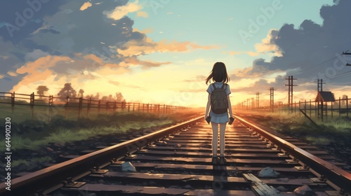Alone Anime girl, Walking the Lonely Railway of Love and Loss