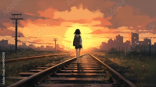Alone Anime girl, Walking the Lonely Railway of Love and Loss