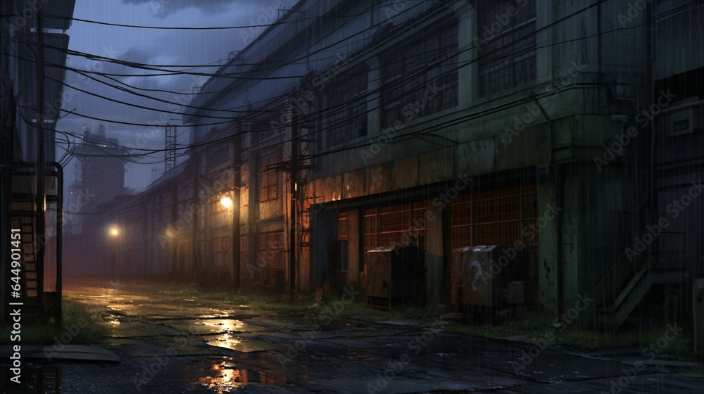 Anime Industrial Complex of  Eerie Decay and Flickering Lights.
