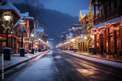 Gatlinburg Tennessee street illuminated during Christmas with snowy surroundings. Generative AI