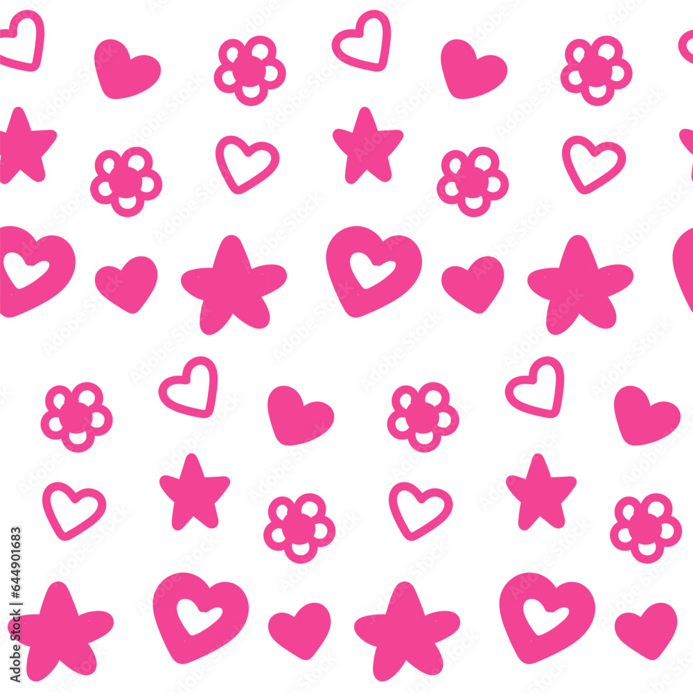 Barbiecore elements seamless pattern. Pink flat illustration featuring flowers, hearts, and stars in a repeating pattern. Vector illustration suitable for trendy and girly design projects