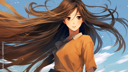  Anime Girl with Long Hair - Japanese Manga Style, Full Body.