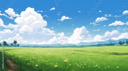 Sunny Anime landscape of Clear Sky and Vibrant Fields.