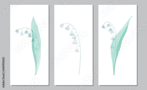 Vector floral triptych with different watercolor lilies of the valley
