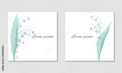 Vector watercolor square card template with lily of the valley bouquets