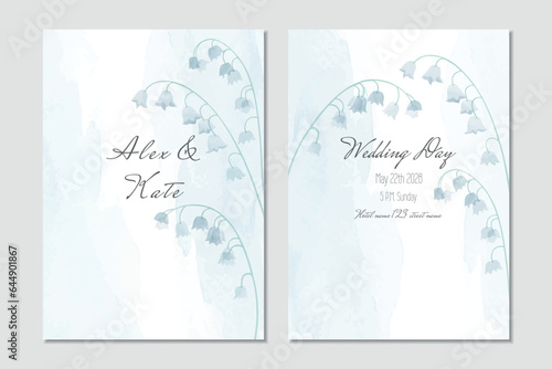 Vector watercolor wedding invitation template with lily of the valley