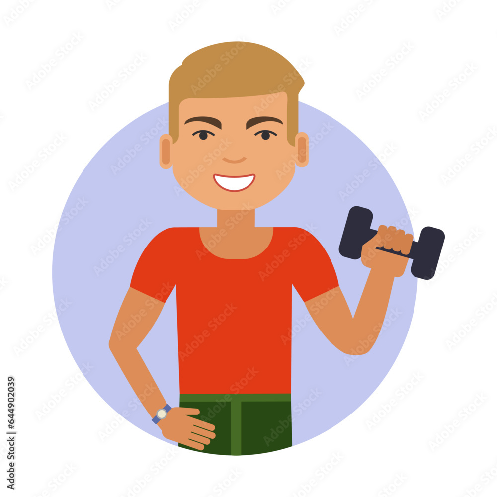 Young athlete holding dumbbell in hand flat vector circle icon. Student boy in red T-shirt engaged in physical education isolated on white background. Children activities, sport concept Young athlete holding dumbbell in hand flat vector circle icon. Student boy in red T-shirt engaged in physical education isolated on white background. Children activities, sport concept