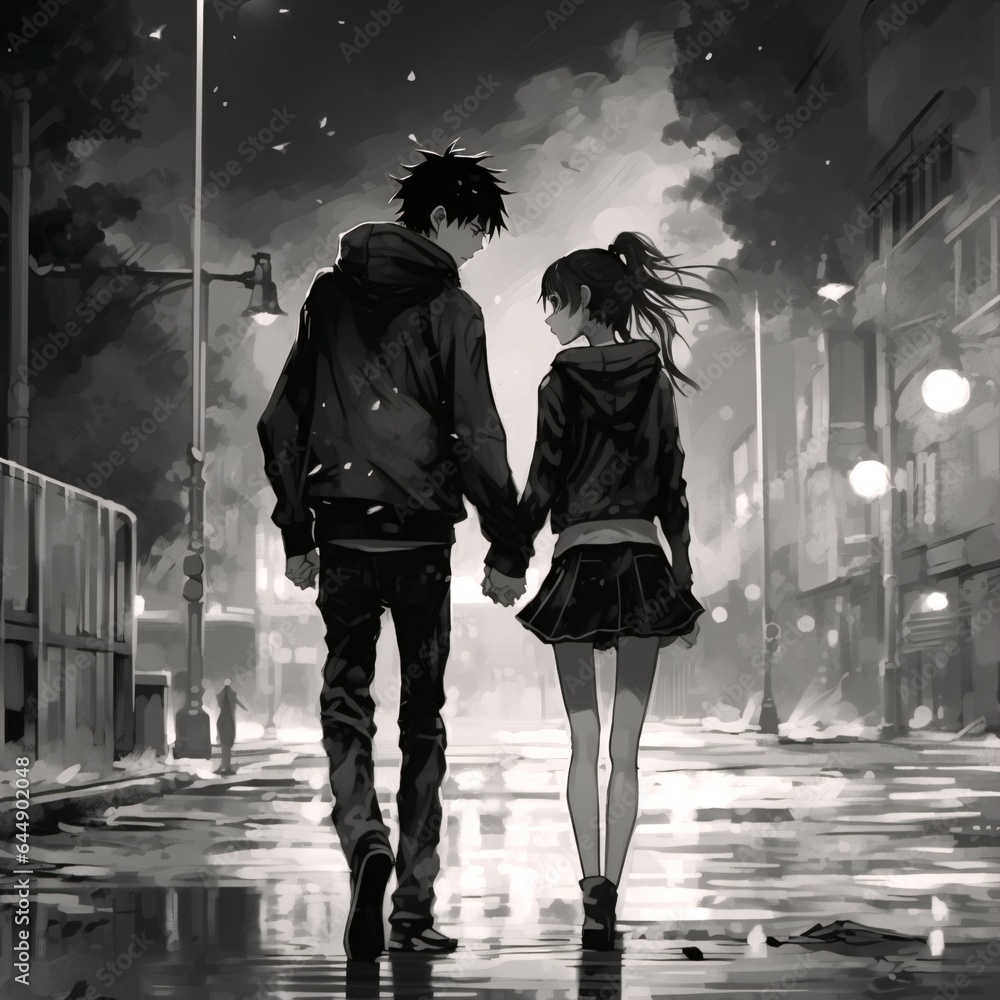 Anime Couple Walking rainy season - Black and White.