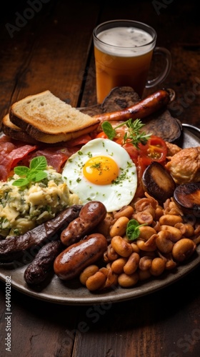 Irish breakfast on a dark plate. fried bacon, a few sausages, tomatoes and other vegetables, white and black pudding, fried mushrooms and beer.